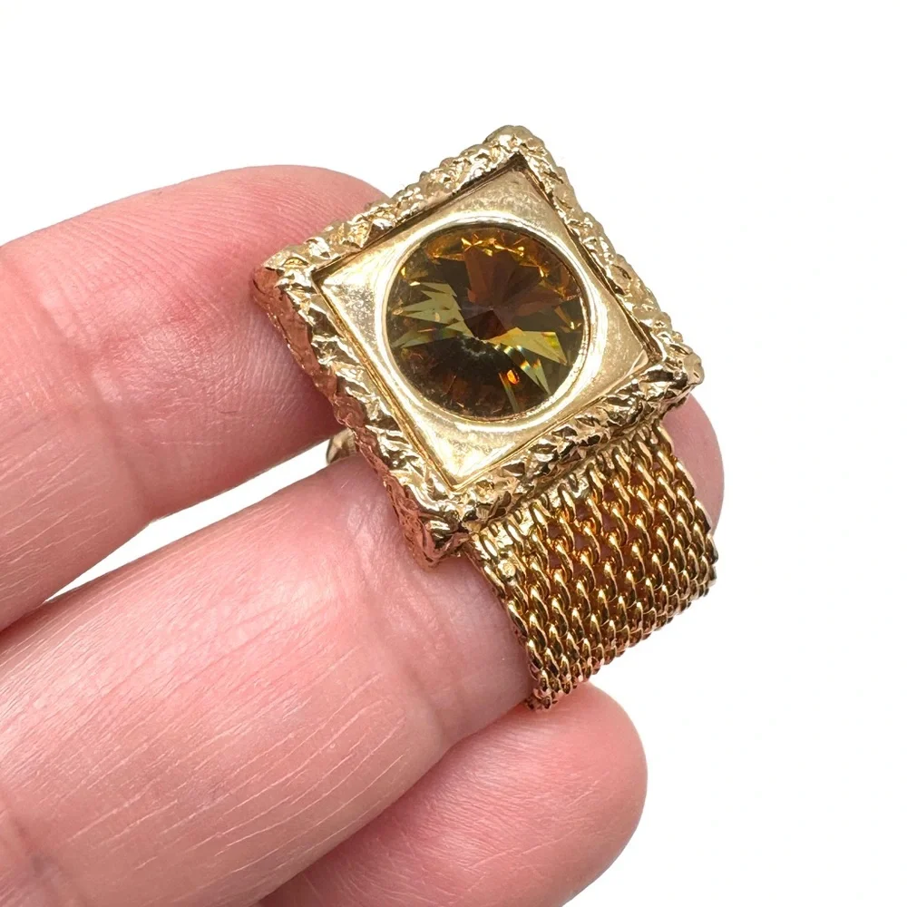 Vintage Watermelon Rivoli Wraparound Cufflinks Textured Square Goldtone Mesh